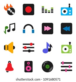 solid vector icon set - bell vector, music, disk, hit, radio, speaker, equalizer, headphones, forward button, backward, rec