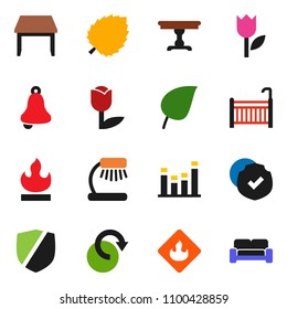 solid vector icon set - bell vector, table lamp, leaf, tulip, protected, flammable, equalizer, redo, crib, cushioned furniture