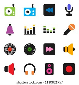 solid vector icon set - bell vector, disk, microphone, radio, speaker, equalizer, headphones, forward button, backward, rec