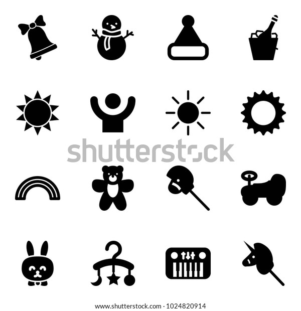 Solid vector icon set - bell\
vector, snowman, christmas hat, champagne, sun, success, rainbow,\
bear toy, horse stick, baby car, rabbit, carousel, piano,\
unicorn