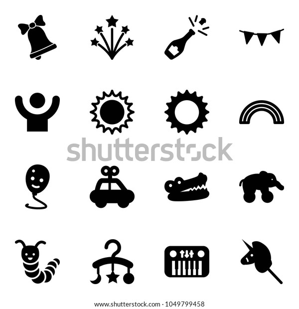 Solid vector icon set - bell vector, firework,\
champagne, flag garland, success, sun, rainbow, balloon smile, car\
toy, crocodile, elephant wheel, caterpillar, baby carousel, piano,\
unicorn stick