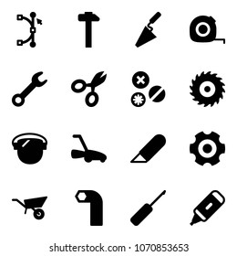 Solid vector icon set - bezier vector, hammer, trowel, measuring tape, wrench, scissors, rivet, saw disk, protect glass, lawn mower, work knife, gear, wheelbarrow, allen key, awl, marker