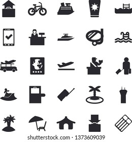 Solid vector icon set - bicycle flat vector, pool, airport tower fector, luggage, baggage claim, passport control, check in, tent, departure, get, hand, chaise lounge, sun protection cream, island