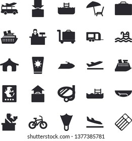 Solid vector icon set - bicycle flat vector, pool, trailer fector, suitcase, passport control, tent, arrival, departure, get luggage, hand, sea beach, chaise lounge, sun protection cream, flippers