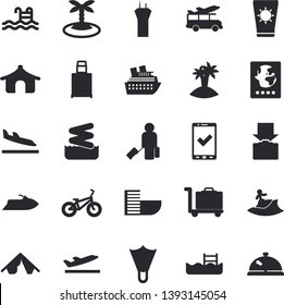 Solid vector icon set - bicycle flat vector, pool, airport tower fector, luggage, passport, check in, tent, hotel first line, arrival, departure, get, sun protection cream, island, surfing, flippers