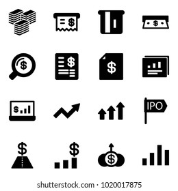 Solid vector icon set - big cash vector, receipt, atm, money search, account statement, statistics report, growth arrow, arrows up, ipo, dollar, chart