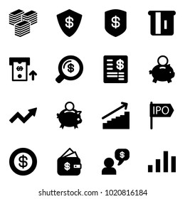 Solid vector icon set - big cash vector, safe, atm, money search, account statement, piggy bank, growth arrow, ipo, dollar, finance management, dialog, chart