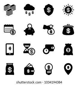 Solid vector icon set - big cash vector, money rain, safe, dollar sun, calendar, piggy bank, encashment, purse, mobile payment, account history, wallet time, bag, finance management, business idea