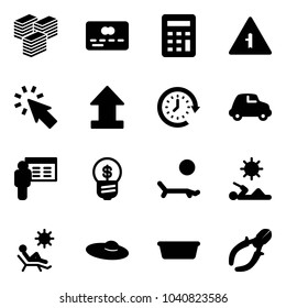 Solid vector icon set - big cash vector, credit card, calculator, intersection road sign, cursor, uplooad, clock around, car, presentation, business idea, lounger, reading, beach, woman hat, basin