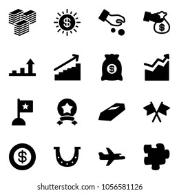 Solid vector icon set - big cash vector, dollar sun, investment, encashment, growth arrow, money bag, flag, star medal, gold, flags cross, luck, plane, puzzle
