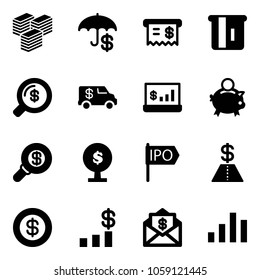 Solid vector icon set - big cash vector, insurance, receipt, atm, money search, encashment car, account statistics, piggy bank, tree, ipo, dollar, chart, mail