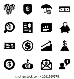 Solid vector icon set - big cash vector, safe, insurance, money search, account statement, statistics report, piggy bank, check, dollar, growth, mail, dialog