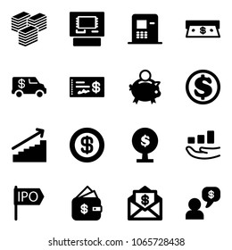 Solid vector icon set - big cash vector, atm, encashment car, check, piggy bank, dollar, growth, money tree, ipo, finance management, mail, dialog