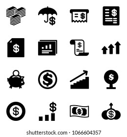 Solid vector icon set - big cash vector, insurance, receipt, account statement, statistics report, history, arrows up, piggy bank, dollar, growth, money tree, chart