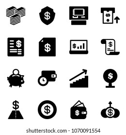 Solid vector icon set - big cash vector, safe, atm, account statement, statistics, history, piggy bank, wallet time, growth, money tree, dollar, finance management