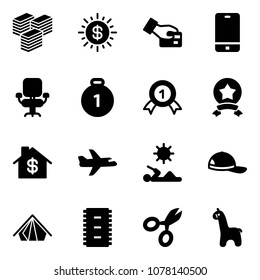 Solid vector icon set - big cash vector, dollar sun, card pay, phone, office chair, gold medal, star, home, plane, reading, cap, tent, chip, scissors, toy giraffe