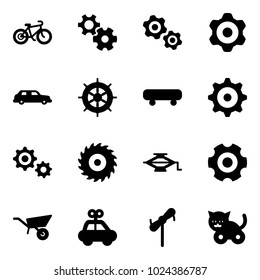 Solid vector icon set - bike vector, gear, gears, limousine, hand wheel, skateboard, saw disk, jack, wheelbarrow, car toy, windmill, cat