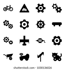 Solid vector icon set - bike vector, road for moto sign, gear, gears, hand wheel, skateboard, milling cutter, jack, wheelbarrow, baby car, toy windmill, cat