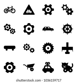 Solid vector icon set - bike vector, road for moto sign, gear, gears, limousine, hand wheel, skateboard, saw disk, milling cutter, wheelbarrow, car toy, cat