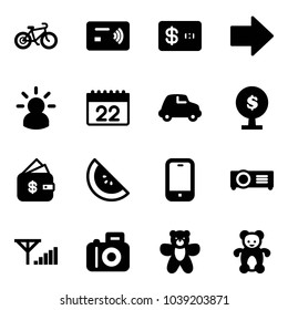 Solid vector icon set - bike vector, tap pay, credit card, right arrow, idea, calendar, car, money tree, finance management, watermelone, mobile phone, projector, fine signal, camera, bear toy