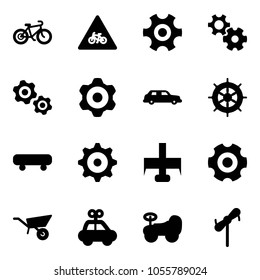 Solid vector icon set - bike vector, road for moto sign, gear, gears, limousine, hand wheel, skateboard, milling cutter, wheelbarrow, car toy, baby, windmill