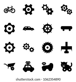 Solid vector icon set - bike vector, gear, gears, limousine, hand wheel, skateboard, saw disk, milling cutter, wheelbarrow, car toy, baby, cat