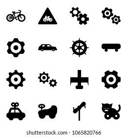 Solid vector icon set - bike vector, road for moto sign, gear, gears, limousine, hand wheel, skateboard, milling cutter, car toy, baby, windmill, cat