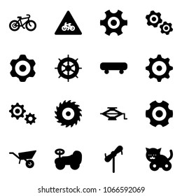 Solid vector icon set - bike vector, road for moto sign, gear, gears, hand wheel, skateboard, saw disk, jack, wheelbarrow, baby car, toy windmill, cat