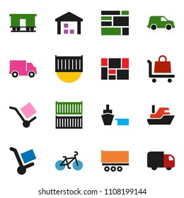 solid vector icon set - bike vector, ship, truck trailer, sea container, delivery, car, port, consolidated cargo, warehouse, Railway carriage, trolley