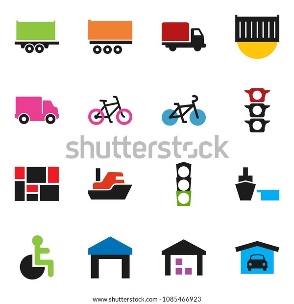 solid vector icon set - bike vector,\
traffic light, ship, truck trailer, sea container, delivery, port,\
consolidated cargo, warehouse, disabled,\
garage