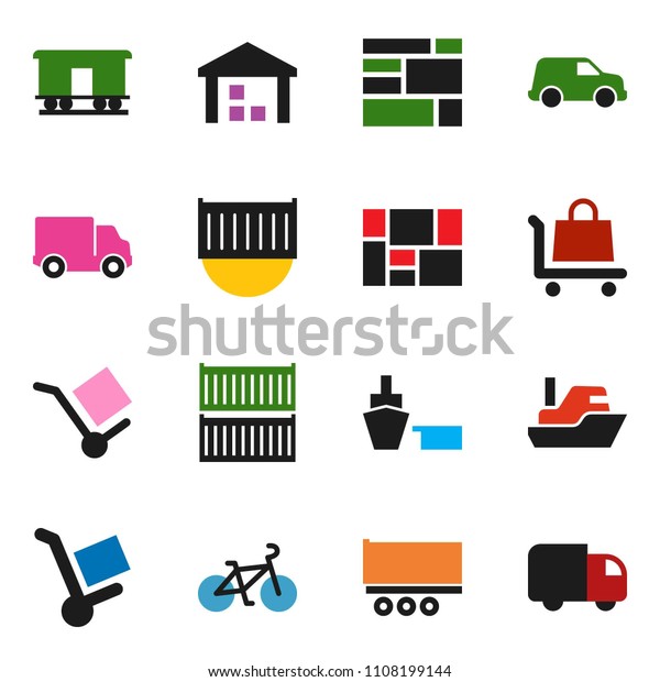 solid vector icon set - bike vector,\
ship, truck trailer, sea container, delivery, car, port,\
consolidated cargo, warehouse, Railway carriage,\
trolley