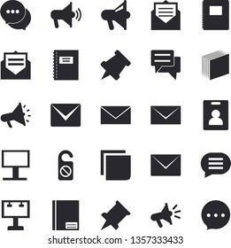 Solid vector icon set - billboard flat vector, mouthpiece, chat, notebook, sticker, mail, pushpin, indentity card fector, do not disturb, message, envelope