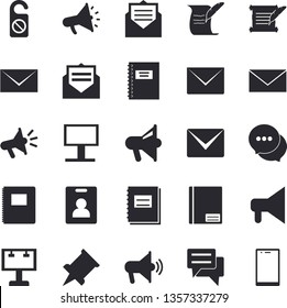 Solid vector icon set - billboard flat vector, mouthpiece, chat, notebook, mail, hostory roll, pushpin, indentity card fector, do not disturb, message, envelope, mobile