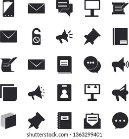 Solid vector icon set - billboard flat vector, mouthpiece, chat, notebook, sticker, mail, hostory roll, pushpin, indentity card fector, do not disturb, message, envelope, mobile