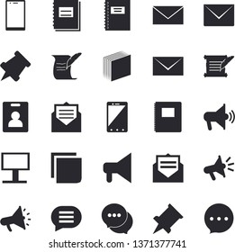 Solid vector icon set - billboard flat vector, mouthpiece, chat, notebook, sticker, mail, hostory roll, pushpin, indentity card fector, message, envelope, mobile