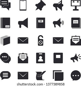 Solid vector icon set - billboard flat vector, mouthpiece, chat, notebook, sticker, mail, hostory roll, pushpin, indentity card fector, do not disturb, message, envelope, mobile