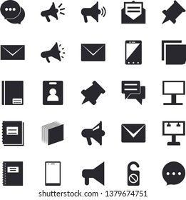 Solid vector icon set - billboard flat vector, mouthpiece, chat, notebook, sticker, mail, pushpin, indentity card fector, do not disturb, message, envelope, mobile