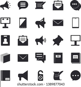 Solid vector icon set - billboard flat vector, mouthpiece, chat, notebook, sticker, hostory roll, pushpin, indentity card fector, do not disturb, message, envelope, mobile