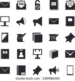 Solid vector icon set - billboard flat vector, mouthpiece, notebook, sticker, mail, hostory roll, pushpin, indentity card fector, do not disturb, message, envelope, mobile