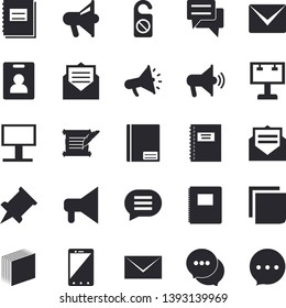 Solid vector icon set - billboard flat vector, mouthpiece, chat, notebook, sticker, mail, hostory roll, pushpin, indentity card fector, do not disturb, message, mobile