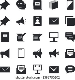 Solid vector icon set - billboard flat vector, mouthpiece, chat, notebook, sticker, mail, hostory roll, pushpin, indentity card fector, message, envelope, mobile