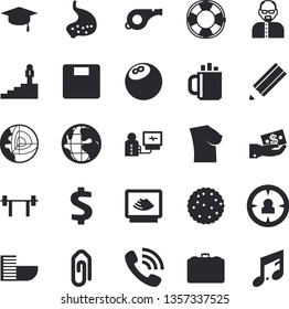 Solid vector icon set - biscuit flat vector, case, target audience, earth, dollar, investments, phone call, diagnostics, ultrasound, breast, stomach, coffee, career ladder, pencil, bachelor cap
