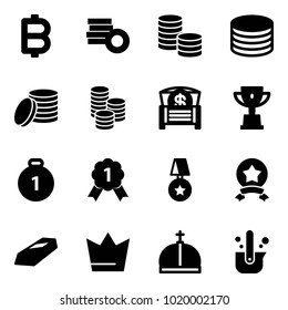 Solid vector icon set - bitcoin vector, coin, money chest, win cup, gold medal, star, crown, casting of steel