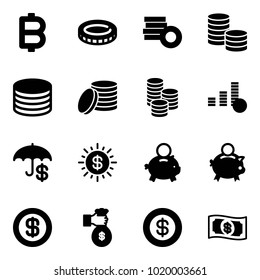 Solid vector icon set - bitcoin vector, coin, insurance, dollar sun, piggy bank, rich, money