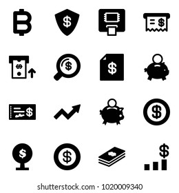 Solid vector icon set - bitcoin vector, safe, atm, receipt, money search, account statement, piggy bank, check, growth arrow, dollar, tree, chart