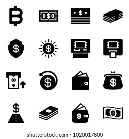Solid vector icon set - bitcoin vector, dollar, safe, sun, atm, money back, wallet, purse, finance management