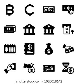 Solid vector icon set - bitcoin vector, cent, dollar, cash, credit card, bank, atm, finance calendar, annual report, money bag, pay, encashment, check, account history