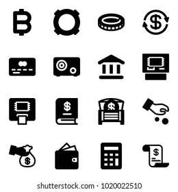 Solid vector icon set - bitcoin vector, currency, coin, dollar exchange, credit card, safe, bank, atm, annual report, money chest, investment, encashment, wallet, calculator, account history