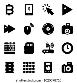 Solid vector icon set - bitcoin vector, mobile payment, cursor, play, fast forward, mouse wireless, cd, camera, binary code, micro flash card, wi fi router, clock, chip, circuit, multimeter