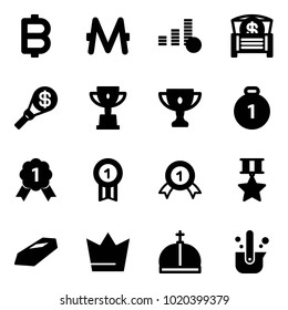 Solid vector icon set - bitcoin vector, monero, coin, money chest, torch, win cup, gold, medal, star, crown, casting of steel